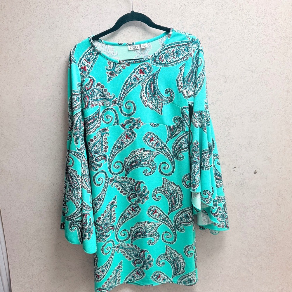 Cato Medium Womens Teal Paisley Empire Waist Hippie Boho Retro Bell Sleeve Dress
